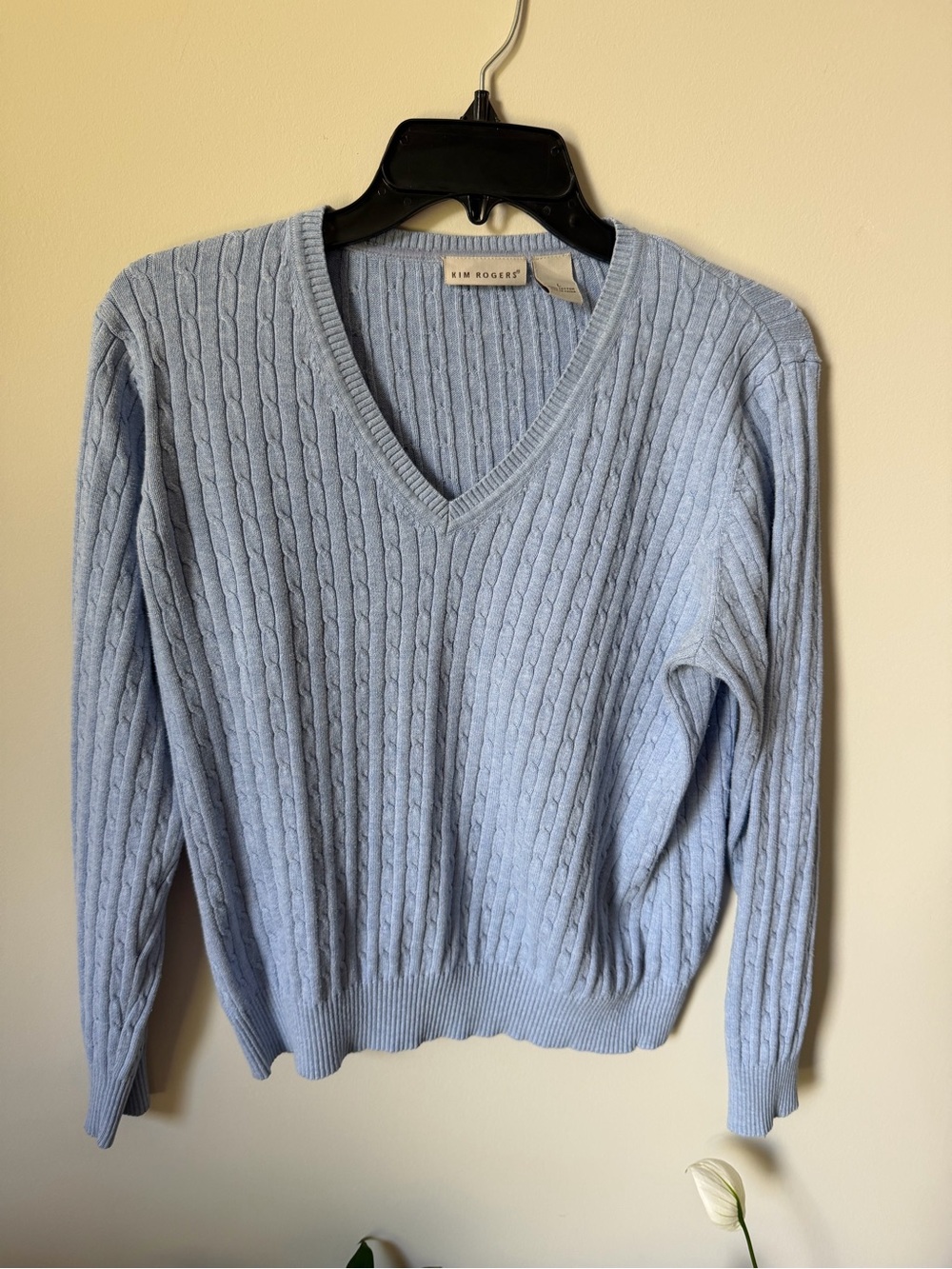 Kim Rogers Pastel Blue Cable V-Neck Sweater, Size L